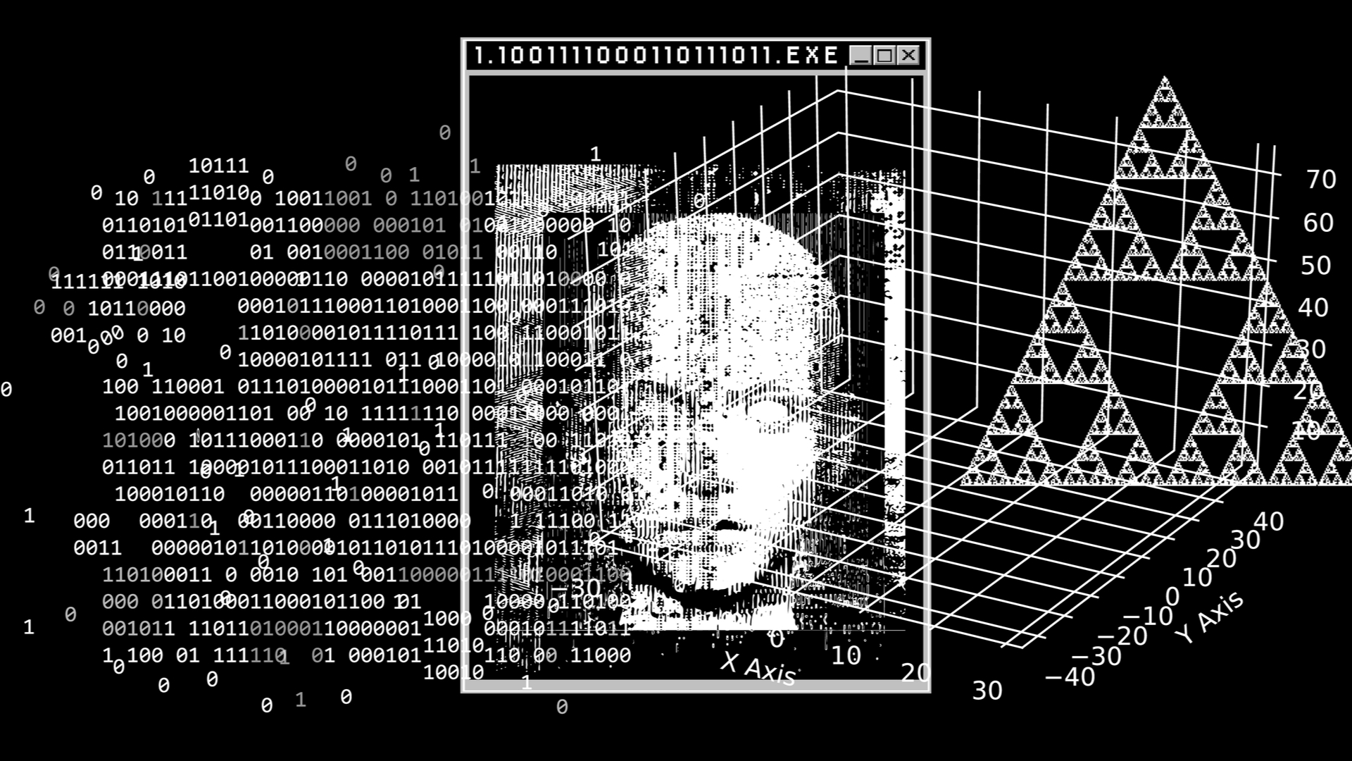 Schwarzweiße Strichzeichnung eines Gesichts in einem Programmfenster, vor Nullen und Einsen, auf einem schwarzen Hintergrund 