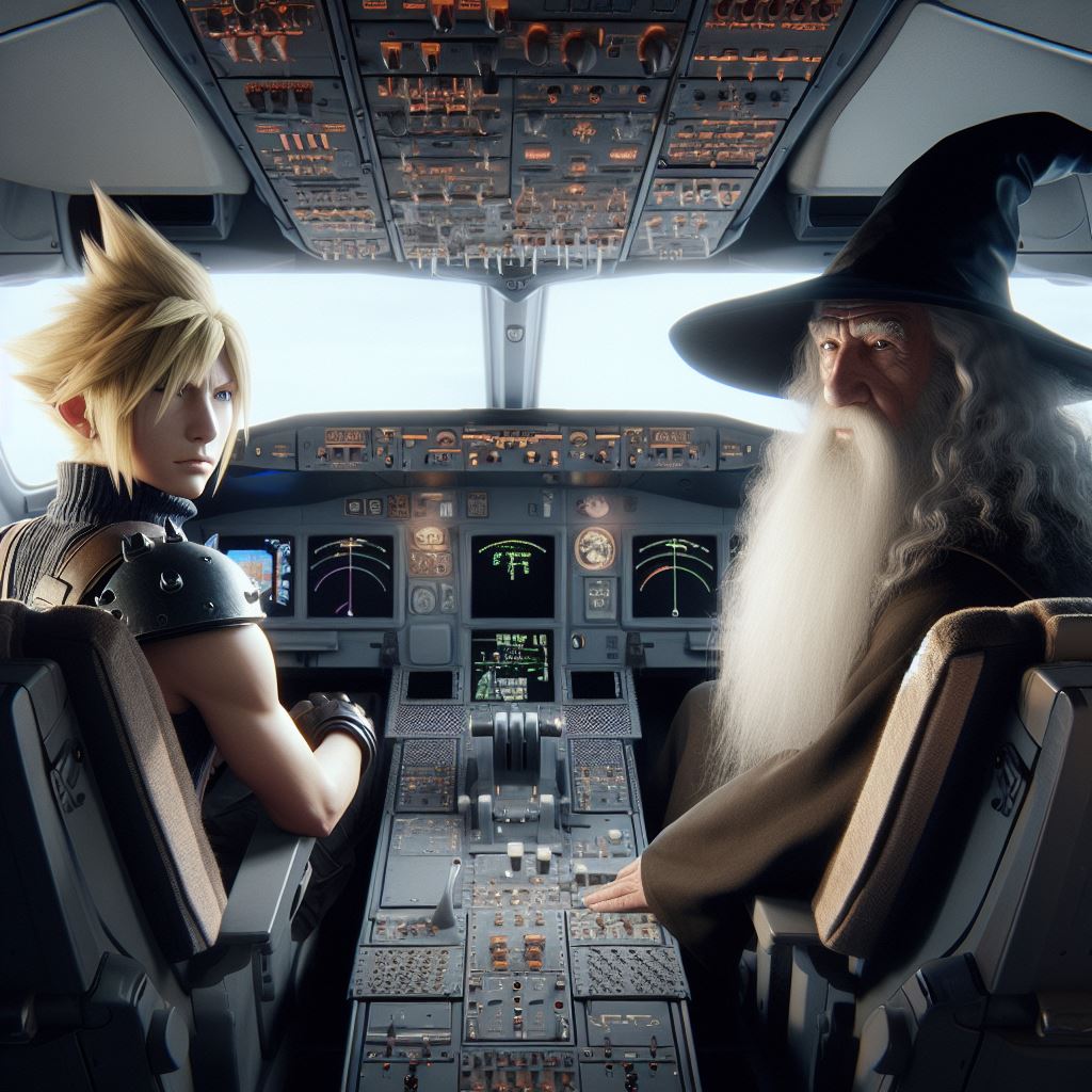 Final Fantasy-Figur Cloud Strife mit Herr der Ringe-Figur Gandalf in einem modernen Flugzeugcockpit