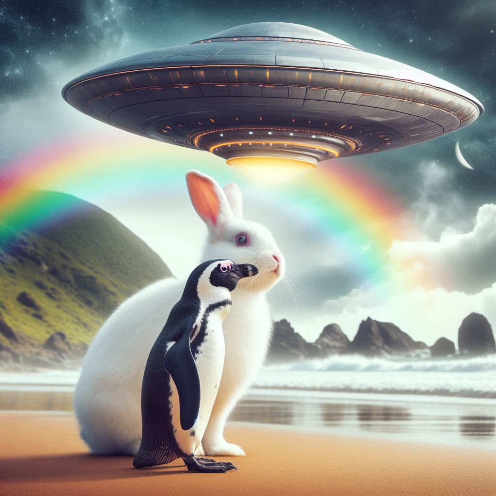 Ein Pinguin und ein Kaninchen am Strand, am wolkenverhangenen Himmel ein Ufo, dahinter ein Regenbogen