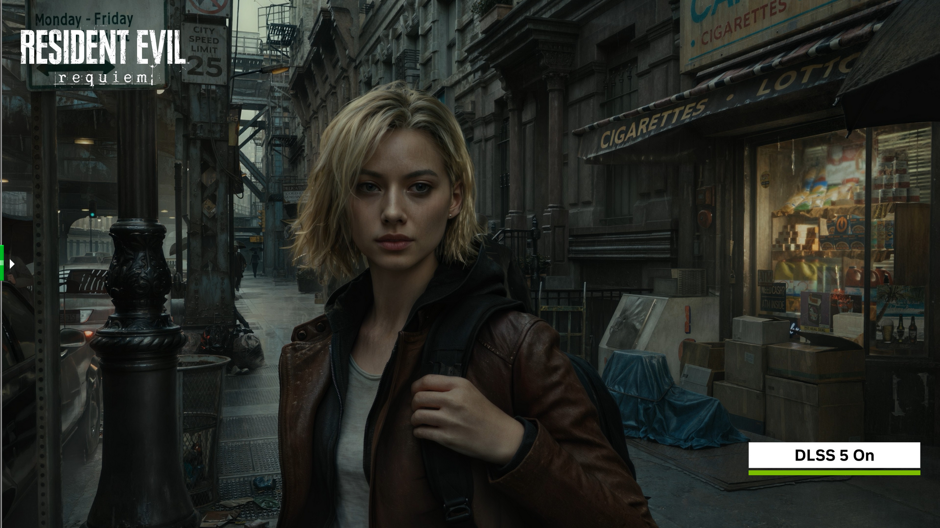 Eine junge Frau in einer verregneten Straßenszene in dem Computerspiel Resident Evil Requiem