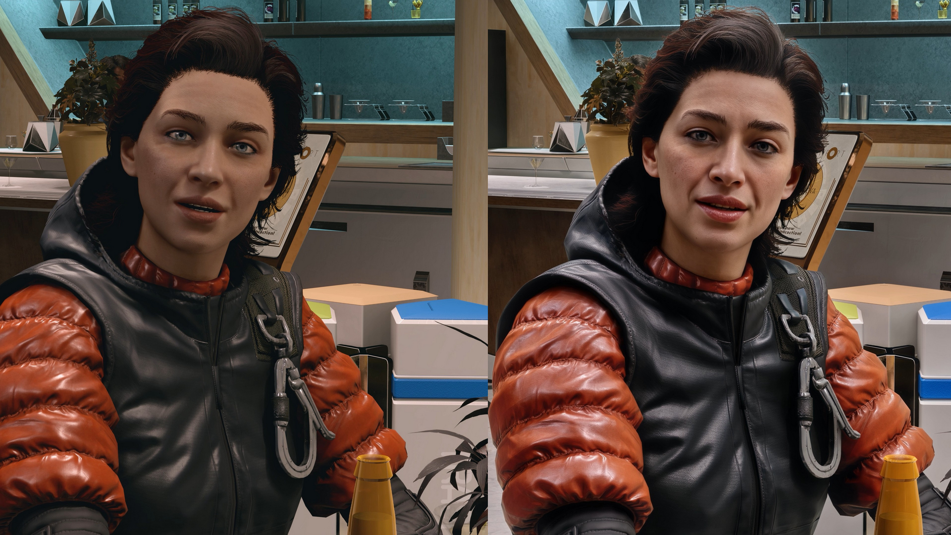 Das Vergleichsbild zeigt eine junge Frau in dem Computerspiel Starfield, links vor und rechts nach der Behandlung mit DLSS5