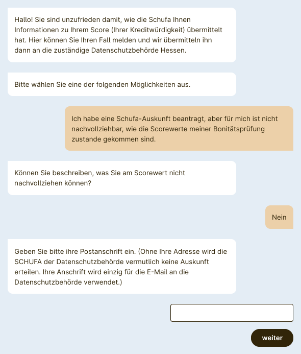 Screenshot eines Dialogs bei Unding zur Meldung eines Falls, hier am Beispiel eines unverständlichen SCHUFA-Auskunft