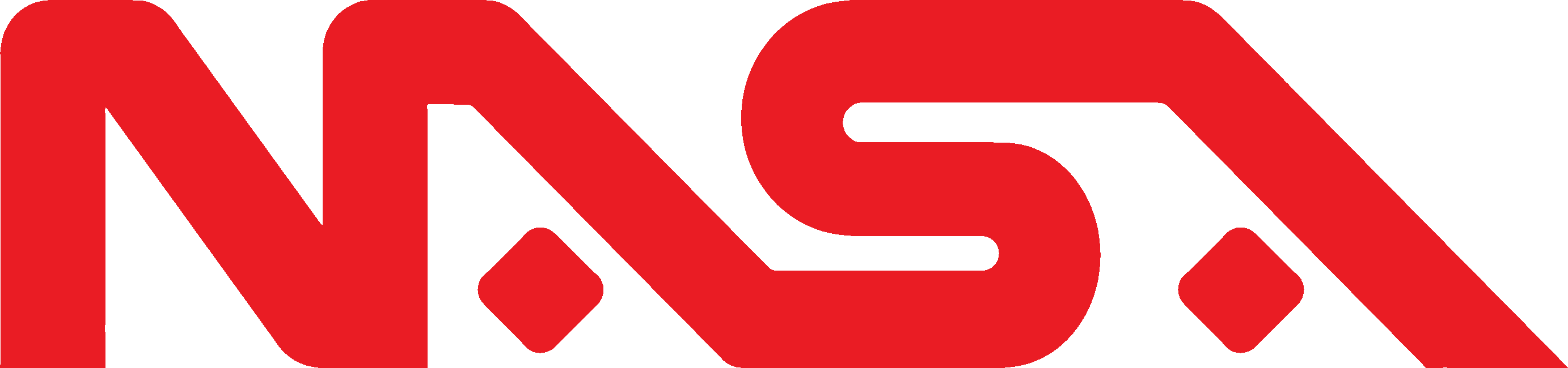 Weißer Schriftzug auf dunkelblauen, blauen und roten Farbstreifen: NASA. Die Buchstaben sind abgerundet und gehen ineinander über; dadurch ist bei den As jeweils nur der rechte Abstrich zu sehen.