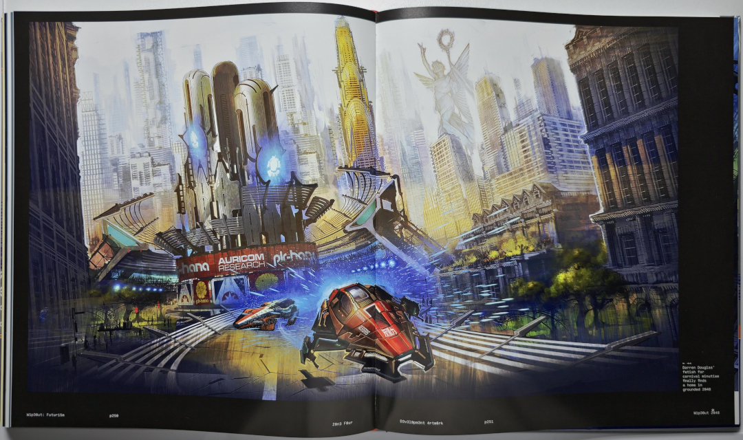 Foto, Doppelseite aus dem Buch wipEout: Futurism. The Graphic Archives, zu sehen ist ein Artwork, das eine Rennstrecke in einer retro-futuristischen Großstadt zeigt